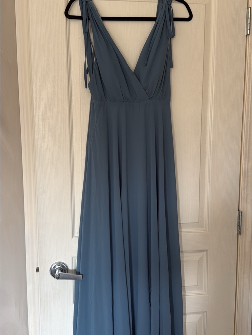 Lulu's Dusty Blue Tie-Shoulder V-Neck Maxi Dress